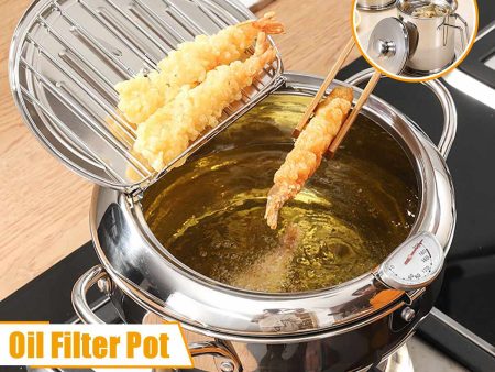 20 24cm Japanese Deep Frying Pot with a Thermometer and a Lid 304 Stainless Steel Kitchen Tempura Fryer Pan Supply