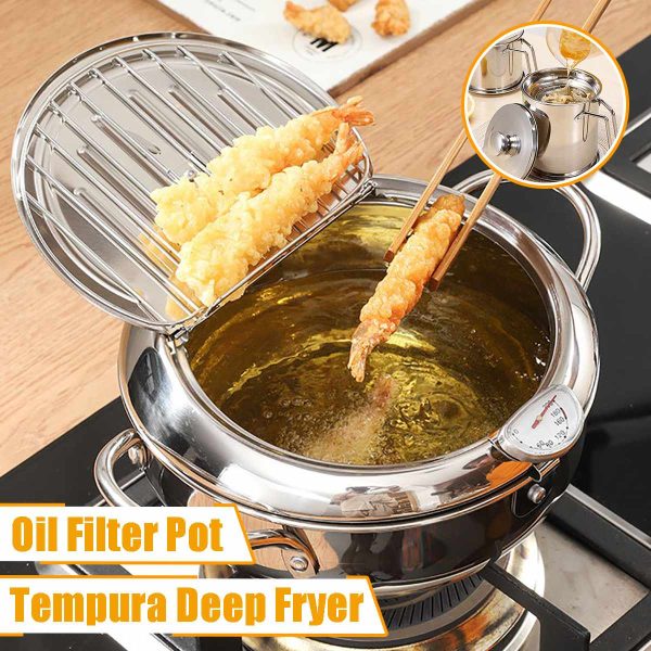 20 24cm Japanese Deep Frying Pot with a Thermometer and a Lid 304 Stainless Steel Kitchen Tempura Fryer Pan Supply