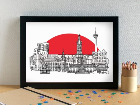 Düsseldorf Skyline Landmarks Art Print - featuring Merkur Spiel-Arena Football Stadium - can be personalised For Sale