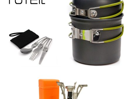 Outdoor Pot Mini Gas Stove Sets Camping Hiking Cookware Picnic Cooking Set Non-stick Bowls With Foldable Spoon Fork Knife on Sale