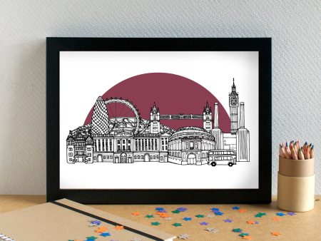 London Skyline Art Print - with West Ham United FC Stadium - can be personalised For Cheap