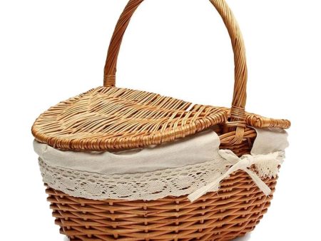 Handmade Wicker Basket with Handle, Wicker Camping Picnic Basket with Double Lids, Shopping Storage Hamper Basket with Cloth Lin Cheap